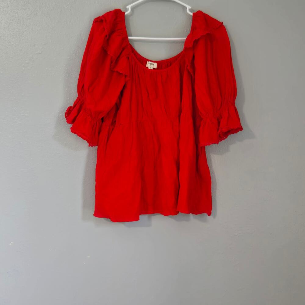 Umgee Boho Red Peasant Top Puff Sleeve Baby Doll Blouse Size Small